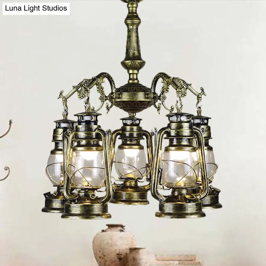 Antique Bronze/Copper Kerosene Pendant Chandelier With Clear Glass - 5 Lights Stylish Ceiling