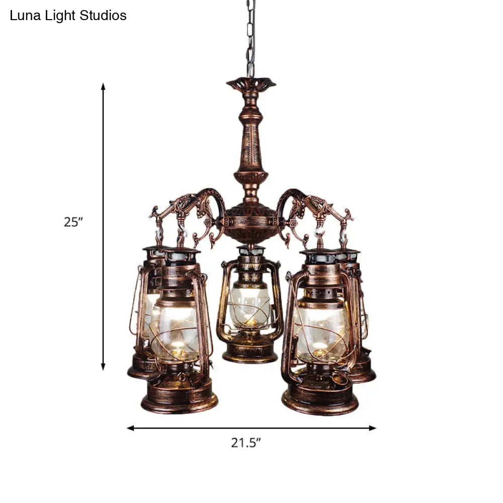 Antique Bronze/Copper Glass Pendant Chandelier - 5 Lights Stylish Kerosene-Inspired Fixture For