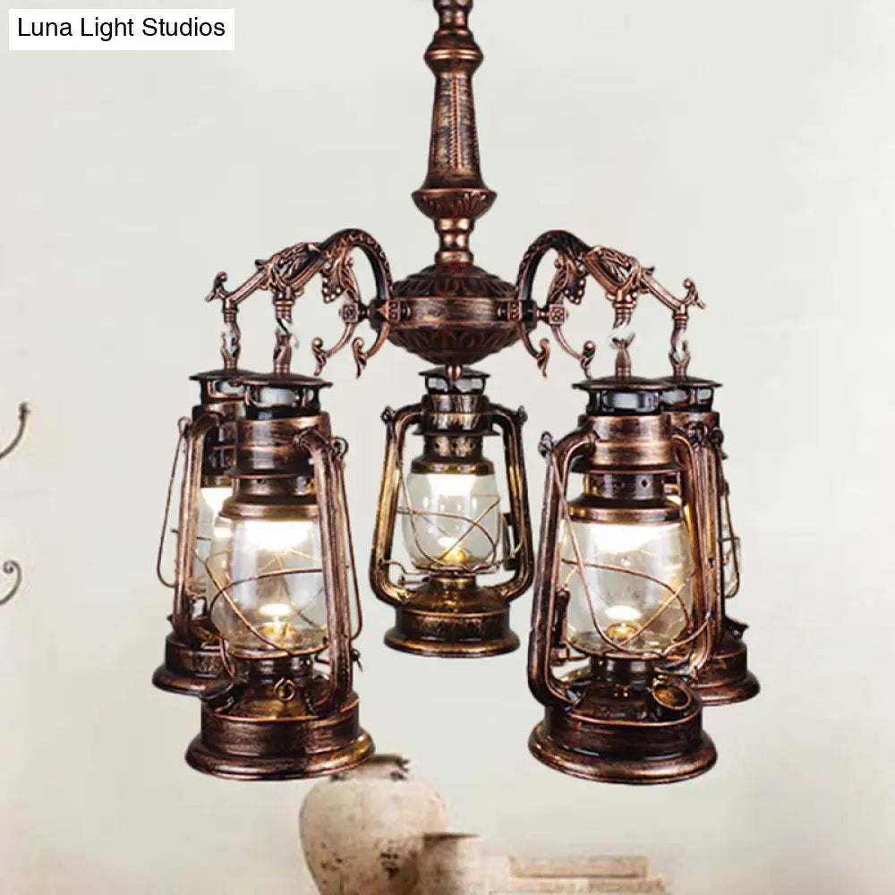 Antique Bronze/Copper Kerosene Pendant Chandelier With Clear Glass - 5 Lights Stylish Ceiling