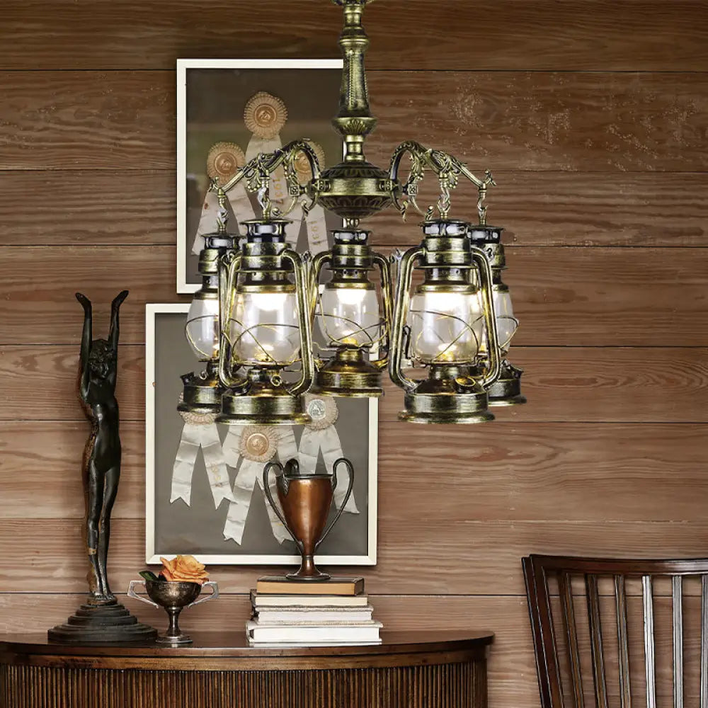 Antique Bronze/Copper Kerosene Pendant Chandelier With Clear Glass - 5 Lights Stylish Ceiling