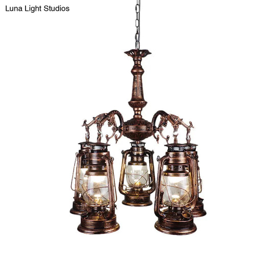 Antique Bronze/Copper Kerosene Pendant Chandelier With Clear Glass - 5 Lights Stylish Ceiling