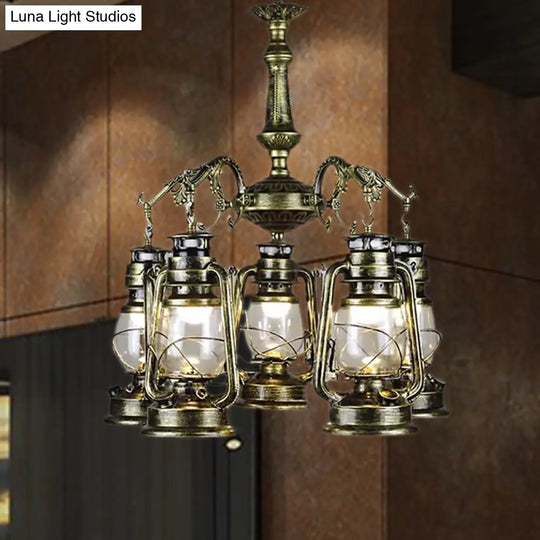 Antique Bronze/Copper Kerosene Pendant Chandelier With Clear Glass - 5 Lights Stylish Ceiling