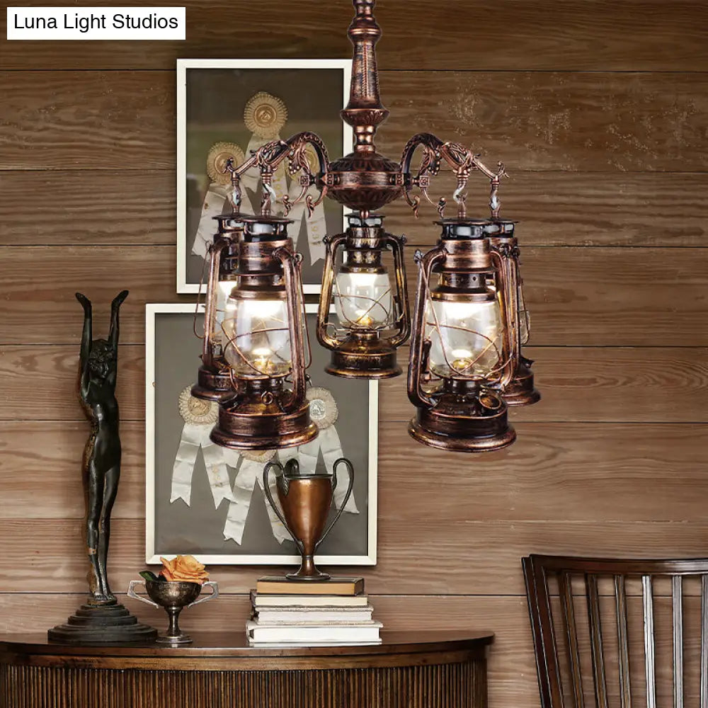 Antique Bronze/Copper Glass Pendant Chandelier - 5 Lights Stylish Kerosene-Inspired Fixture For