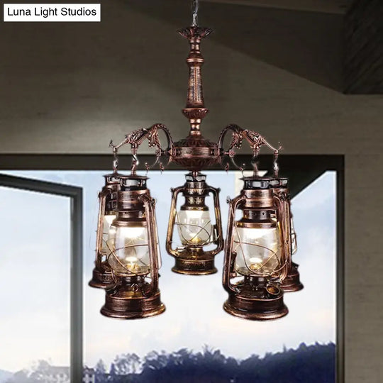 Antique Bronze/Copper Glass Pendant Chandelier - 5 Lights Stylish Kerosene-Inspired Fixture For