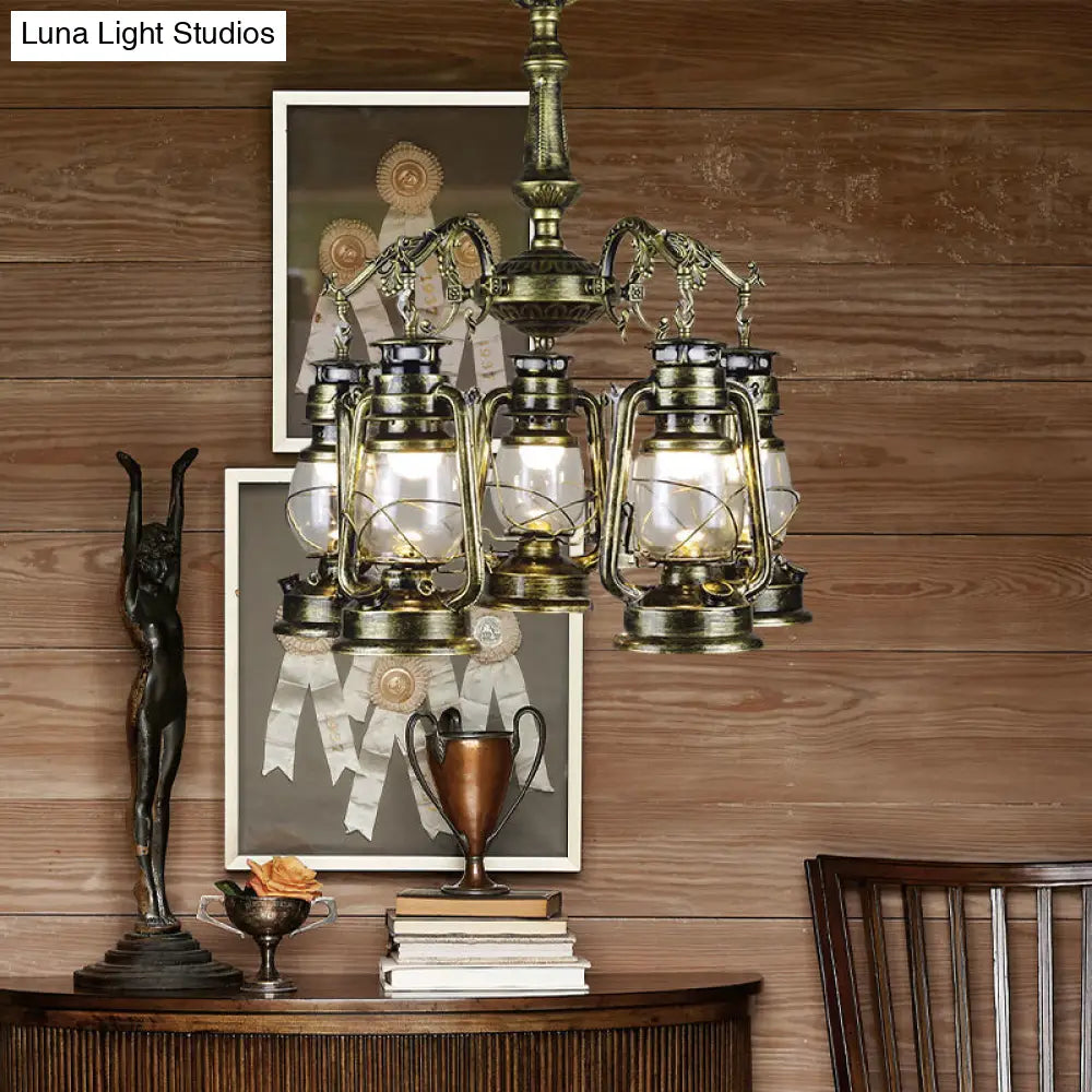 Antique Bronze/Copper Glass Pendant Chandelier - 5 Lights Stylish Kerosene-Inspired Fixture For