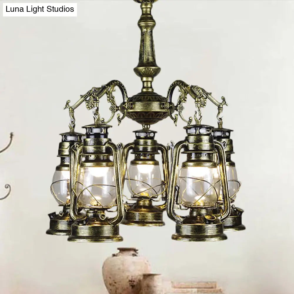 Antique Bronze/Copper Glass Pendant Chandelier - 5 Lights Stylish Kerosene-Inspired Fixture For