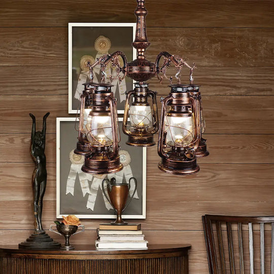 Antique Bronze/Copper Kerosene Pendant Chandelier With Clear Glass - 5 Lights Stylish Ceiling