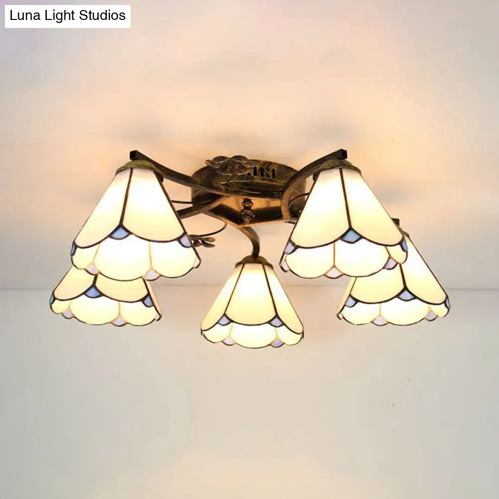 Antique Bronze Semi Flush Mount Light With 5 White Glass Cone Lights For Bedroom