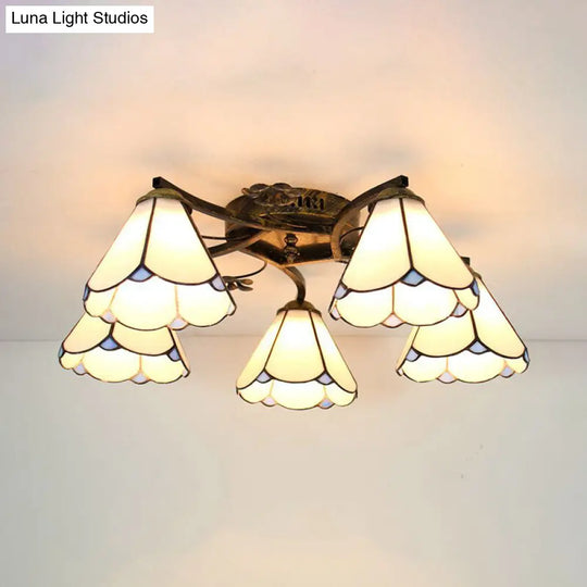 Antique Bronze Semi Flush Mount Light With 5 White Glass Cone Lights For Bedroom