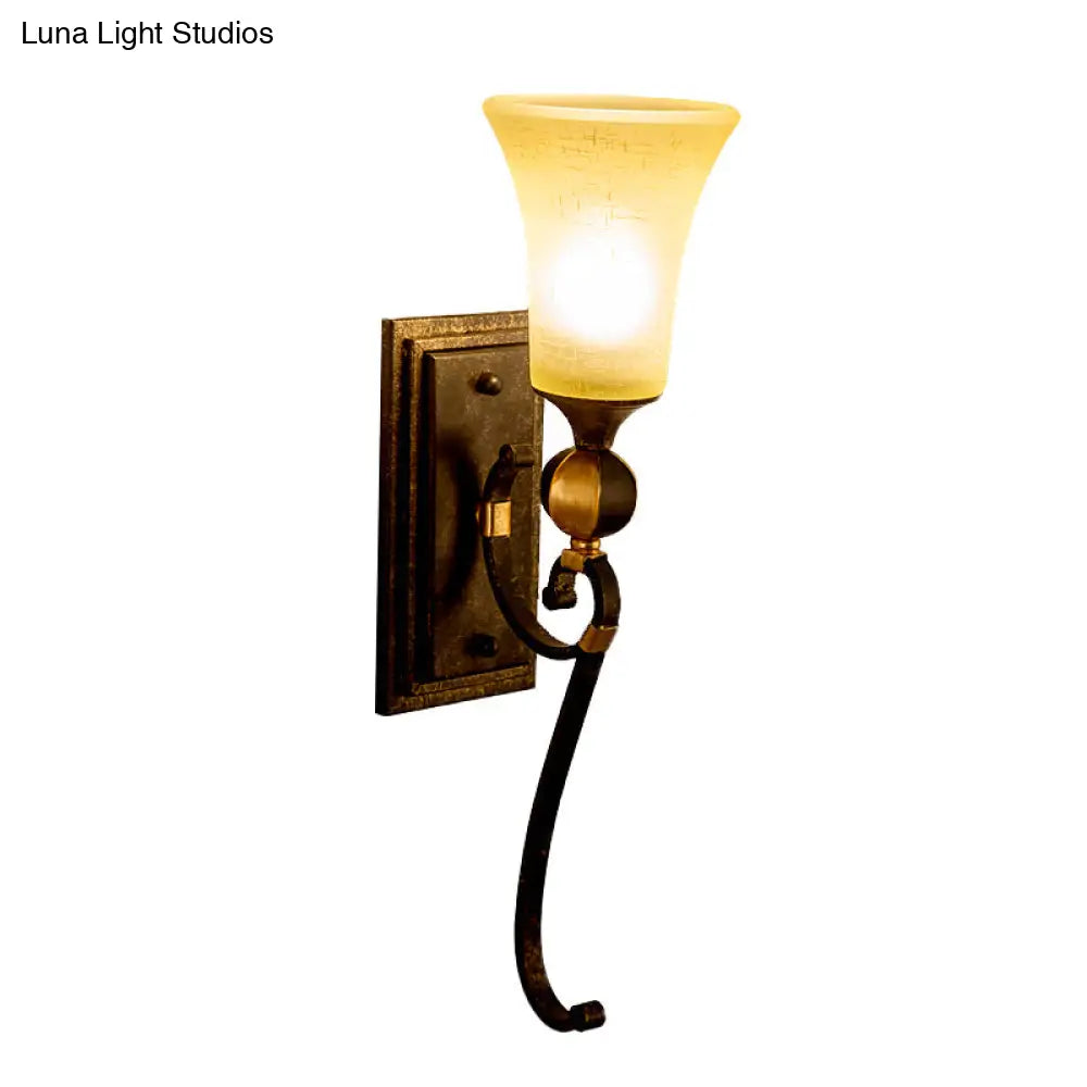 Antique Bronze Metal Wall Mount Sconce Lamp With Amber Glass Shade - Lodge Light Fixture