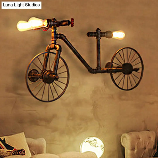 Antique Bronze Metallic Bicycle Wall Light With Farmhouse Pipe Detailing - 3-Light Sconce For Living