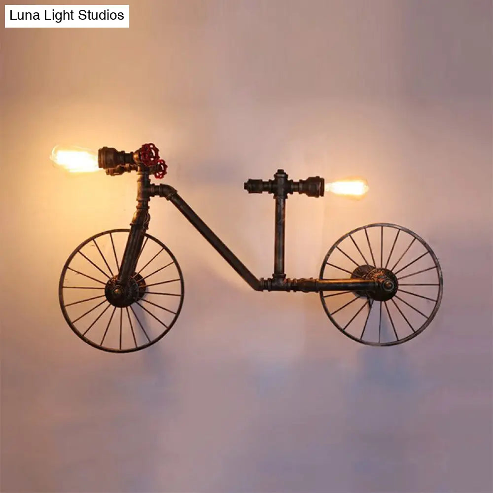 Antique Bronze Metallic Bicycle Wall Light With Farmhouse Pipe Detailing - 3-Light Sconce For Living