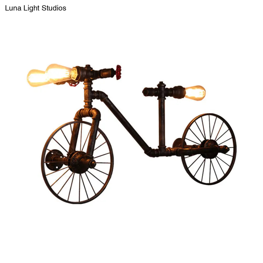 Antique Bronze Metallic Bicycle Wall Light With Farmhouse Pipe Detailing - 3-Light Sconce For Living