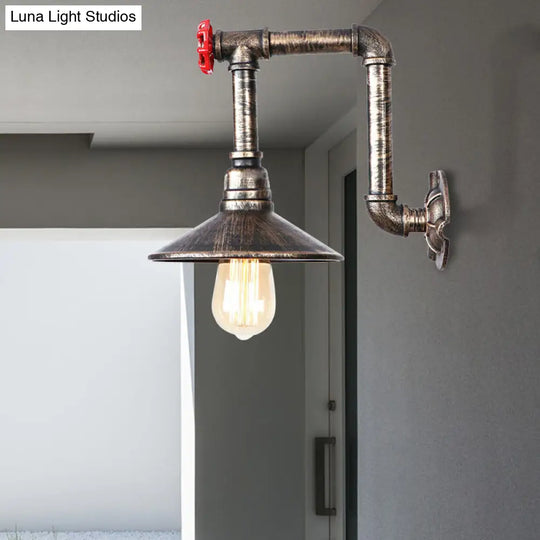 Antique Bronze Metallic Saucer Wall Lamp - Warehouse 1 Bulb Corridor Mount Light With Red Valve And