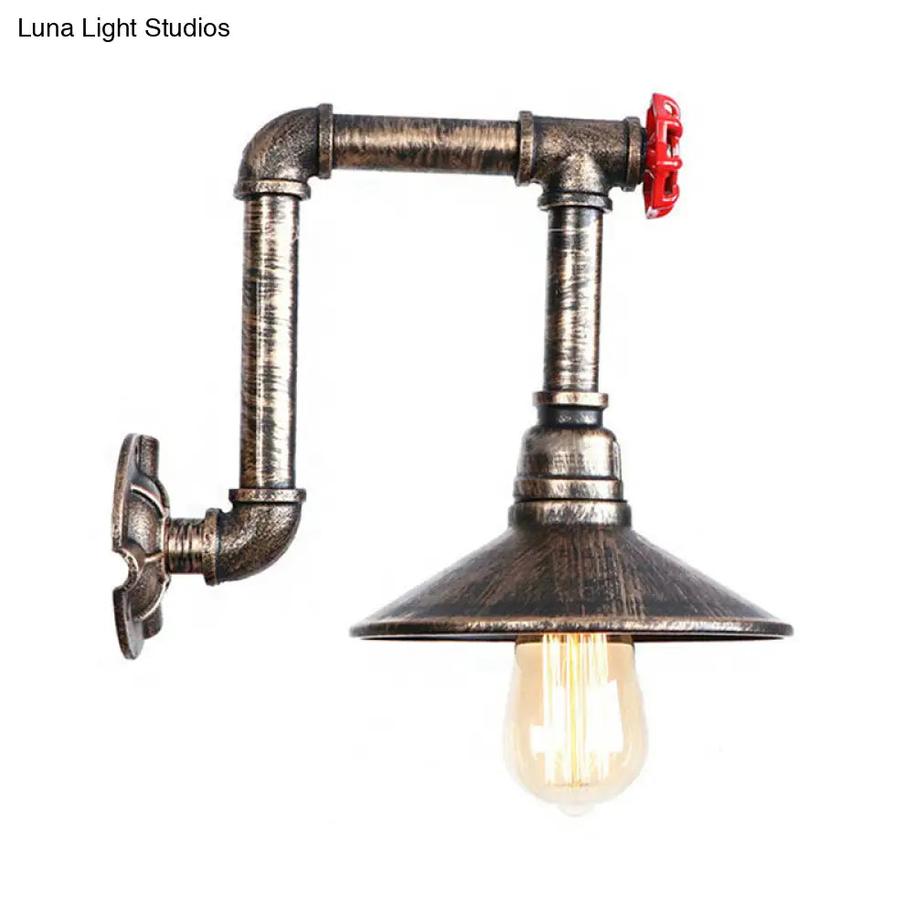 Antique Bronze Metallic Saucer Wall Lamp - Warehouse 1 Bulb Corridor Mount Light With Red Valve And