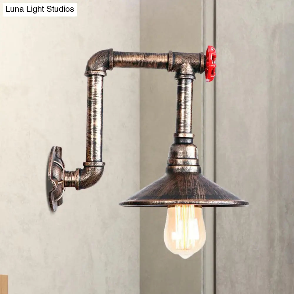 Antique Bronze Metallic Saucer Wall Lamp - Warehouse 1 Bulb Corridor Mount Light With Red Valve And