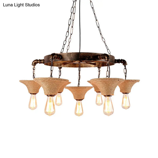 Antique Bronze Rope Chandelier Pendant Light With Cone Shade - Rustic Dining Room Ceiling Lamp 7/9