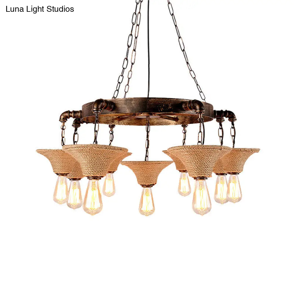 Antique Bronze 7/9-Bulb Rope Chandelier For Rustic Dining Room - Cone Shade Pendant Light