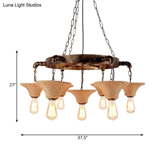 Antique Bronze Rope Chandelier Pendant Light With Cone Shade - Rustic Dining Room Ceiling Lamp 7/9