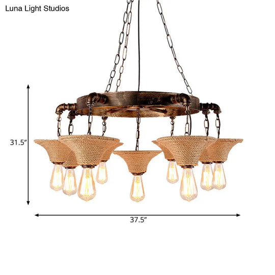 Antique Bronze Rope Chandelier Pendant Light With Cone Shade - Rustic Dining Room Ceiling Lamp 7/9