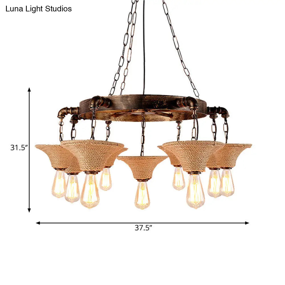 Antique Bronze 7/9-Bulb Rope Chandelier For Rustic Dining Room - Cone Shade Pendant Light