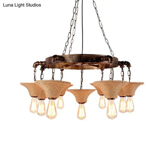 Antique Bronze Rope Chandelier Pendant Light With Cone Shade - Rustic Dining Room Ceiling Lamp 7/9