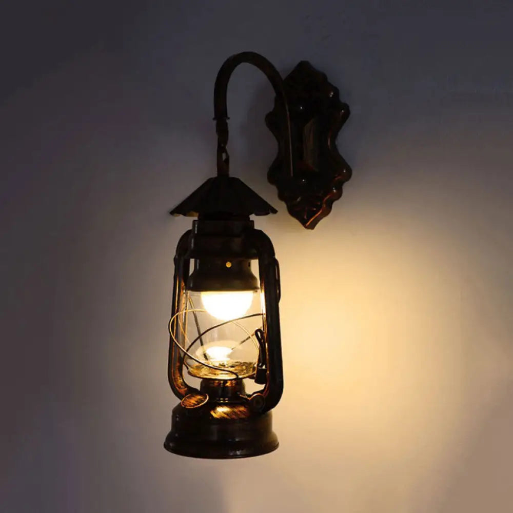 Antique Bronze Sconce Light Lantern - Clear Glass Industrial Wall Lamp