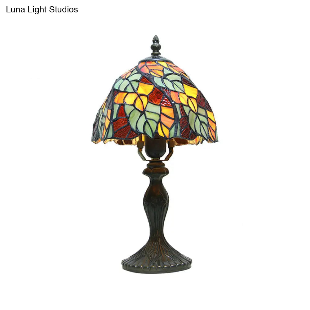 Antique Bronze Stained Glass Leaf Desk Lamp - Tiffany Rustic 1-Light Plug-In Design For Bedroom