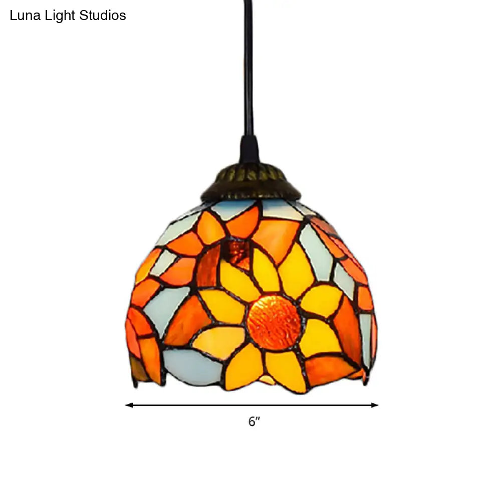 Bronze Sunflower Pendant Light Tiffany Stained Glass Hanging Ceiling Lamp