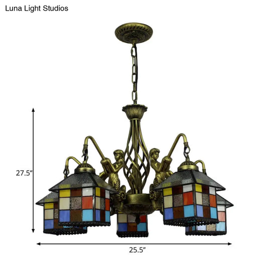 Antique Bronze Tiffany Stained Glass Pendant Chandelier 5-Light Fixture For Dining Room