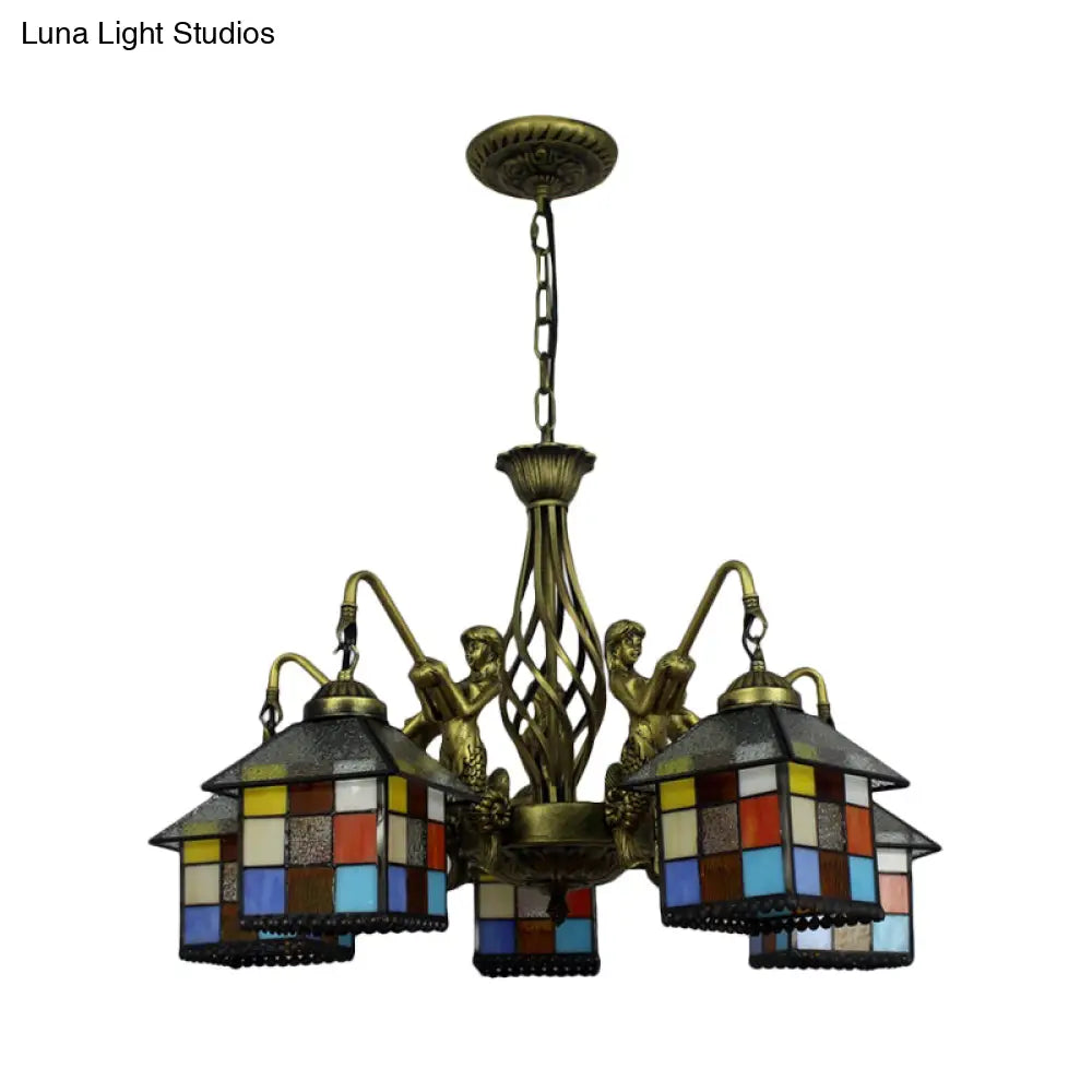 Antique Bronze Tiffany Stained Glass Pendant Chandelier 5-Light Fixture For Dining Room