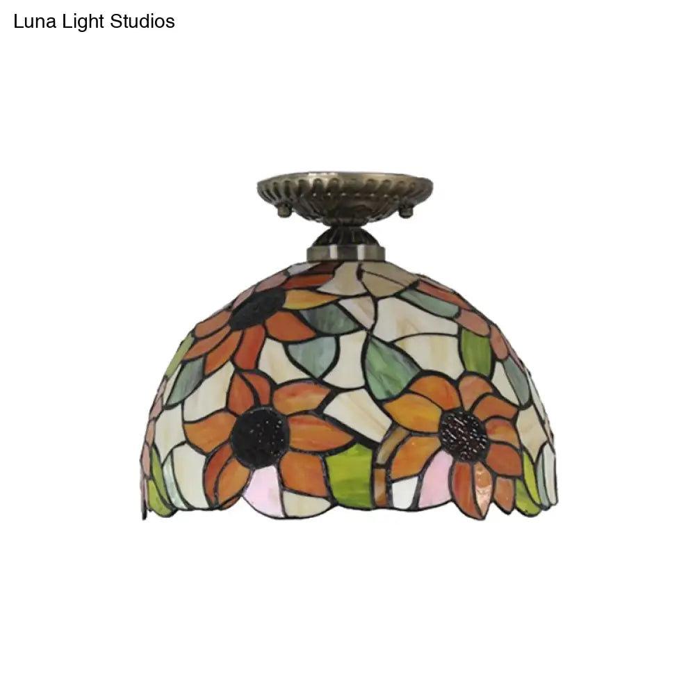 Antique Bronze Tiffany Style Art Glass Semi Flushmount Light With 2 Dome Lights For Corridor