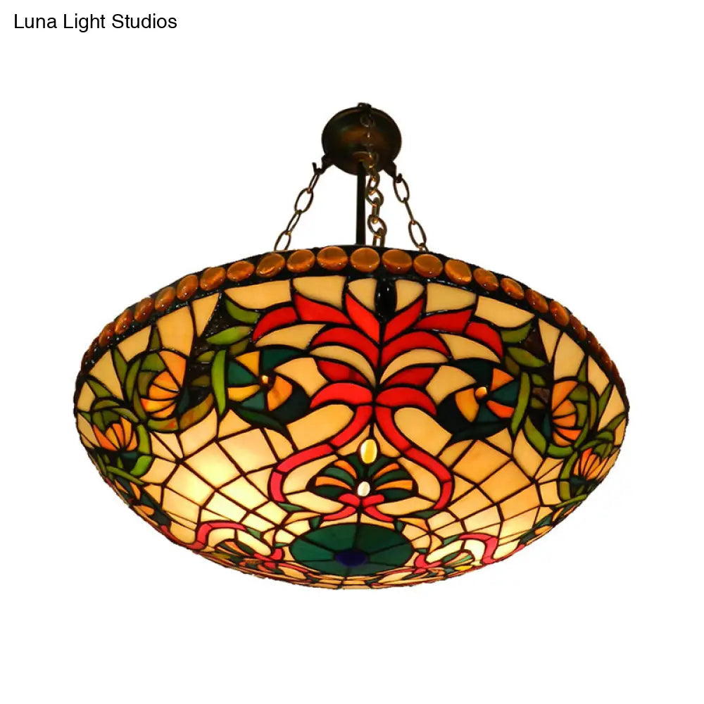 Antique Bronze Tiffany Style Chandelier: Stained Glass Shallow Bowl Hanging Light For Cloth Shop