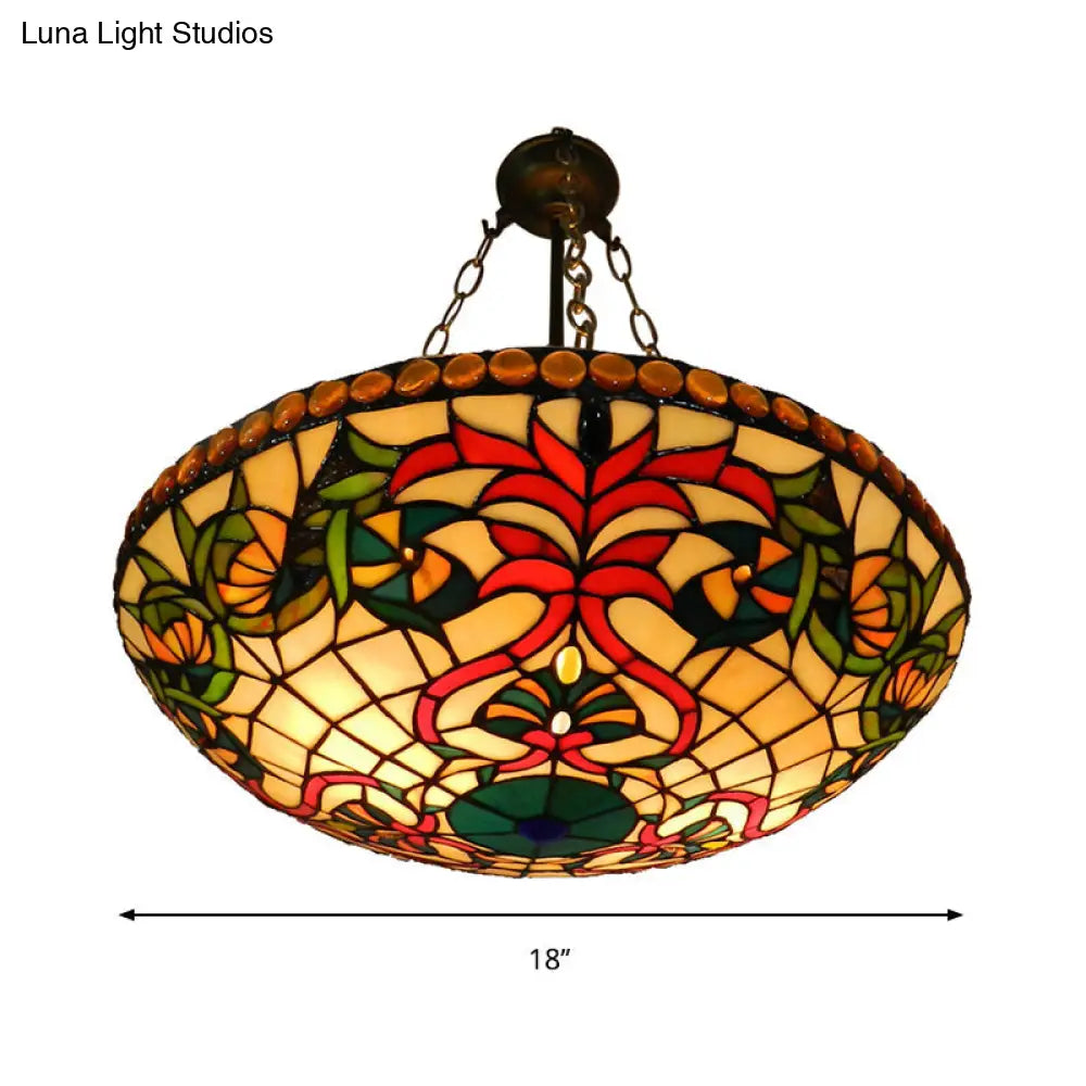 Antique Bronze Tiffany Style Chandelier: Stained Glass Shallow Bowl Hanging Light For Cloth Shop