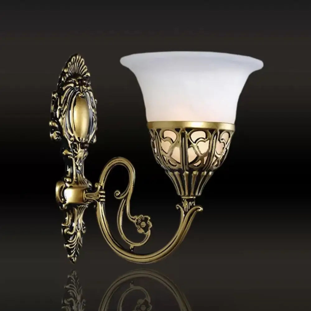 Antique Bronze Wall Lamp With Flared Milk Glass And Single Bulb