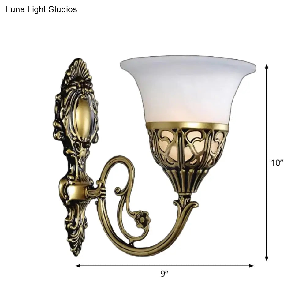 Antique Bronze Wall Lamp With Flared Milk Glass And Single Bulb