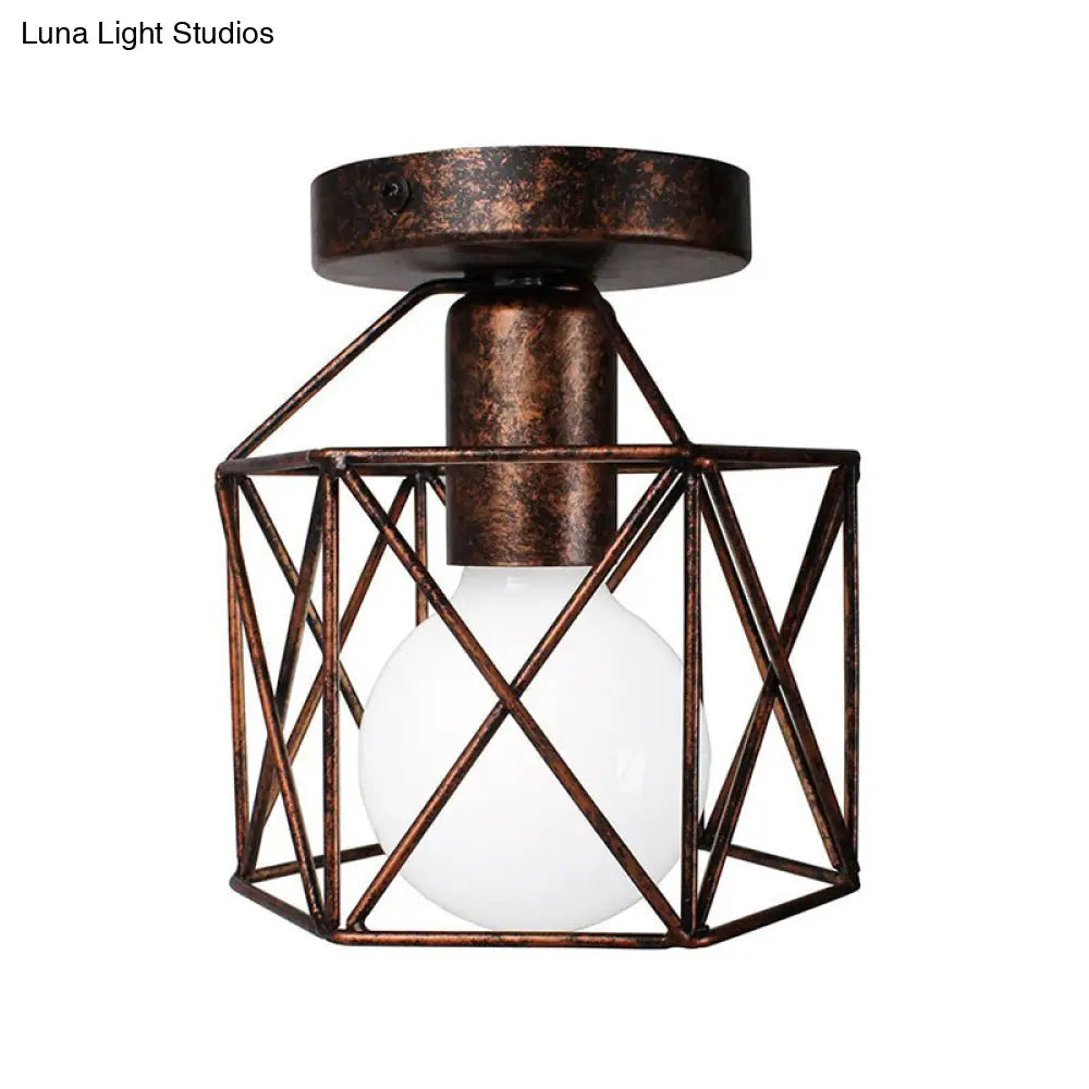 Antique Bronze Wire Cage Semi Flush Light With Hexagon Shade