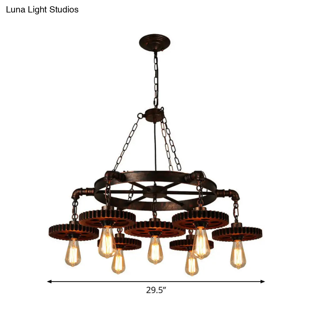 Loft Style Wood Carved Gear Chandelier Lamp In Antique Bronze - Bistro Pendant Lighting (1/3/7-Bulb