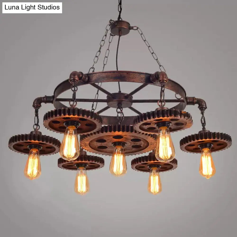 Antique Bronze Wood Carved Gear Chandelier: Loft-Style Pendant Lamp With 1/3/7-Bulb Bistro Down