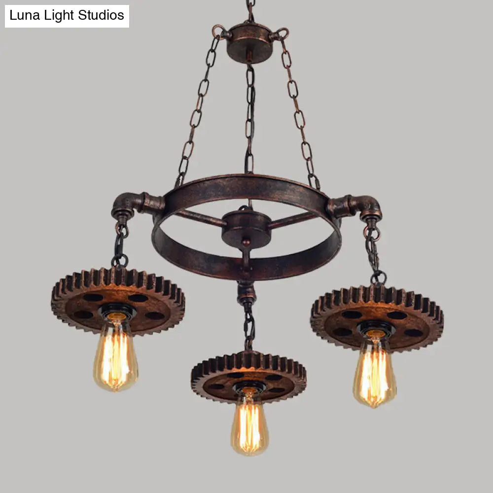 Loft Style Wood Carved Gear Chandelier Lamp In Antique Bronze - Bistro Pendant Lighting (1/3/7-Bulb