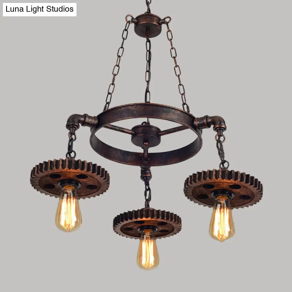 Antique Bronze Wood Carved Gear Chandelier: Loft-Style Pendant Lamp With 1/3/7-Bulb Bistro Down