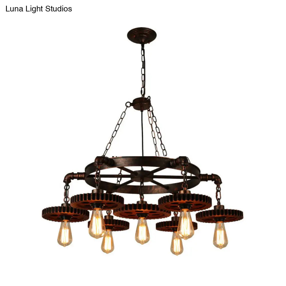 Antique Bronze Wood Carved Gear Chandelier: Loft-Style Pendant Lamp With 1/3/7-Bulb Bistro Down