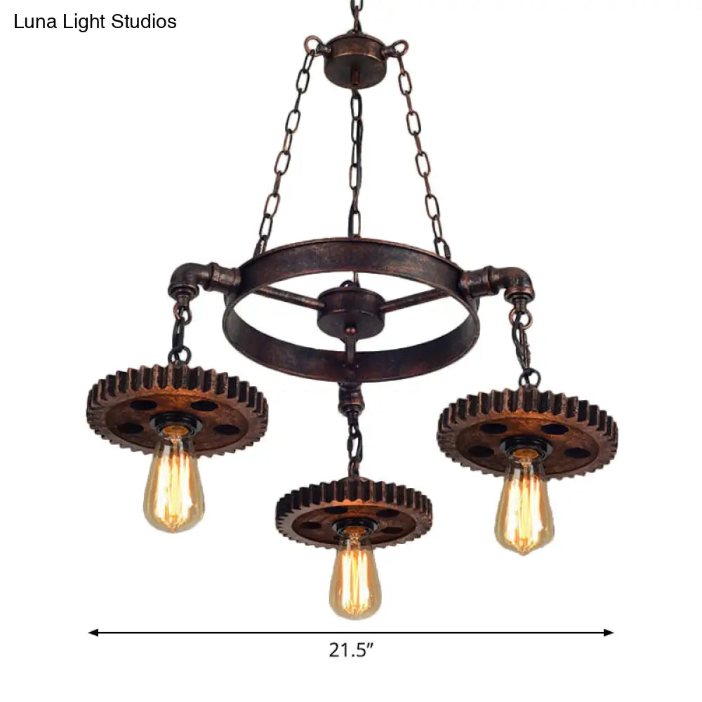 Loft Style Wood Carved Gear Chandelier Lamp In Antique Bronze - Bistro Pendant Lighting (1/3/7-Bulb