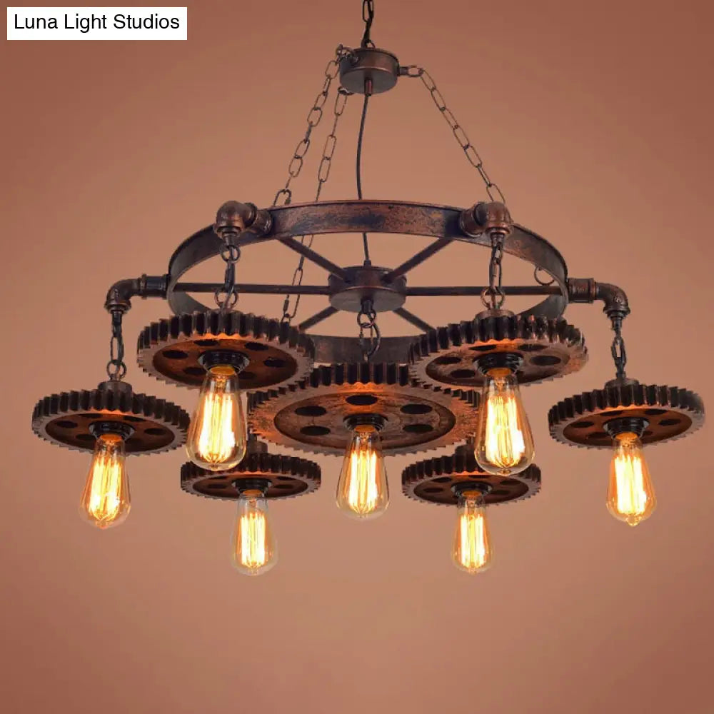 Loft Style Wood Carved Gear Chandelier Lamp In Antique Bronze - Bistro Pendant Lighting (1/3/7-Bulb