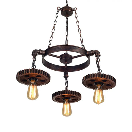 Antique Bronze Wood Carved Gear Chandelier: Loft-Style Pendant Lamp With 1/3/7-Bulb Bistro Down