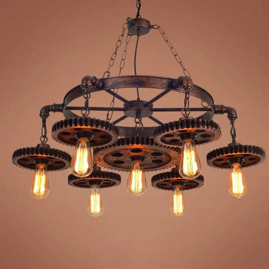 Antique Bronze Wood Carved Gear Chandelier: Loft-Style Pendant Lamp With 1/3/7-Bulb Bistro Down