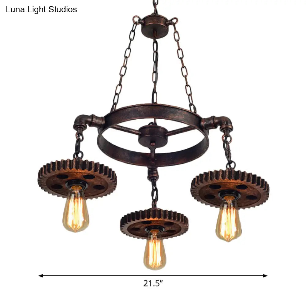 Antique Bronze Wood Carved Gear Chandelier: Loft-Style Pendant Lamp With 1/3/7-Bulb Bistro Down