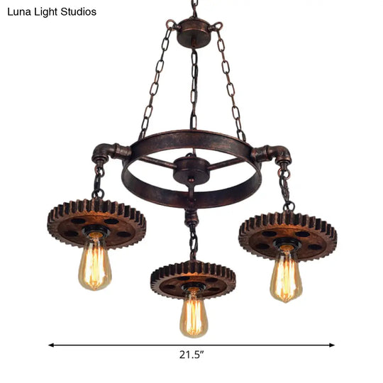 Antique Bronze Wood Carved Gear Chandelier: Loft-Style Pendant Lamp With 1/3/7-Bulb Bistro Down