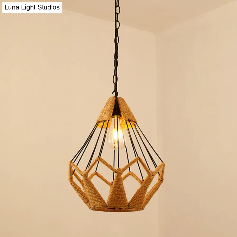 Vintage Hemp Rope Pendant Light In Brown For Restaurants - 1-Light Antique Caged Design / B