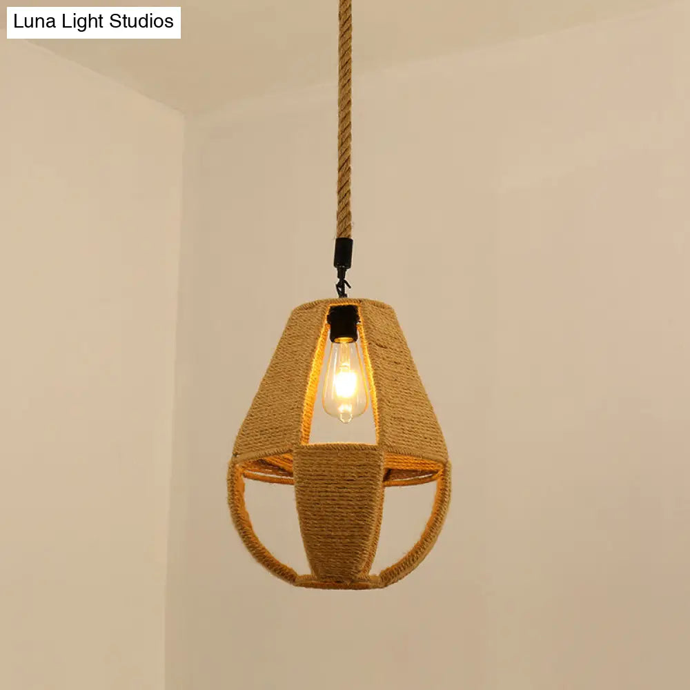 Vintage Hemp Rope Pendant Light In Brown For Restaurants - 1-Light Antique Caged Design / J